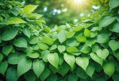 The primary subject of the image is a lush green plant with large leaves, which is the main focus of the image. The plant is surrounded by a forest-like setting, with trees and leaves visible in the background. The visual style of the image is a photo, capturing the natural beauty of the plant in its environment. The colors and mood of the image are predominantly green, with a sense of freshness and vitality.