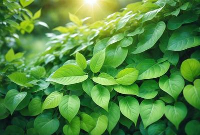 The primary subject of the image is a large green plant with many leaves. The plant is growing in a sunny area, surrounded by a lush green environment. The visual style of the image is a close-up of the plant, showcasing its intricate details. The colors and mood of the image are vibrant and lively, with the green leaves providing a sense of freshness and vitality.