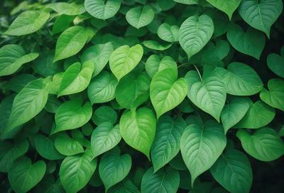 The primary subject of the image is a large green plant with many leaves. The plant is growing in a lush green environment, surrounded by a forest of green leaves. The visual style of the image is a close-up of the plant, showcasing its intricate details. The colors and mood of the image are vibrant and serene, with the green leaves creating a sense of tranquility and natural beauty.