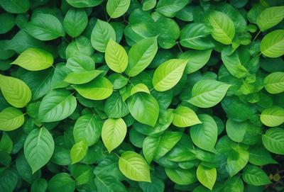 The image features a lush green plant with large leaves, creating a dense and vibrant forest-like setting. The plant is the primary subject, and its leaves are the main objects in the scene. The visual style of the image is a close-up of the plant, showcasing its intricate details. The colors and mood of the image are predominantly green, with a sense of freshness and vitality.