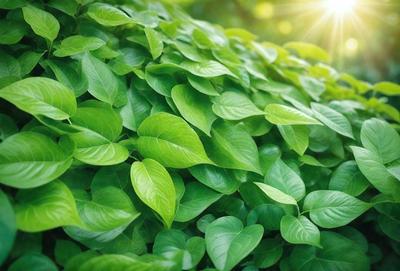 The image features a lush green plant with large leaves, possibly a fern or a tree. The plant is growing on a hillside, and the sunlight is shining on it, creating a warm and inviting atmosphere. The primary subject of the image is the plant, which is the main focus of the scene. The setting is a natural environment with a hillside, and the visual style is a close-up of the plant, showcasing its details and texture. The colors and mood of the image are predominantly