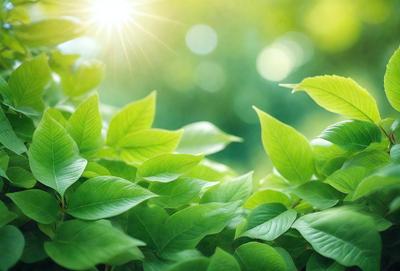 The image features a lush green forest with a bright sun shining through the trees. The primary subject is a close-up of a leafy plant, which is the main focus of the image. The setting is a natural environment with a sunny day, and the visual style is a photo of the leafy plant. The colors and mood of the image are vibrant and serene, with the green leaves and bright sun creating a peaceful atmosphere.