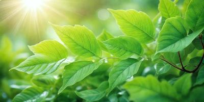 The primary subject of the image is a close-up of green leaves, possibly from a tree or a plant. The leaves are arranged in a way that they appear to be growing out of the ground. The setting is a lush green environment, with the leaves being the main focus of the image. The visual style is a close-up of the leaves, which gives a sense of depth and detail. The colors and mood of the image are predominantly green, which creates a sense of freshness and natural beauty.