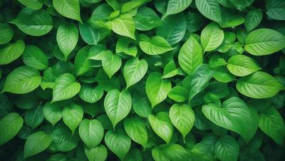 The image features a lush green plant with large leaves, creating a dense and vibrant background. The plant's leaves are the primary subject, filling the entire frame and creating a sense of depth and texture. The setting is a natural environment, with the plant growing in a field or a similar outdoor space. The visual style is a close-up of the plant, emphasizing the intricate details of the leaves. The colors and mood are predominantly green, conveying a sense of freshness and vitality.