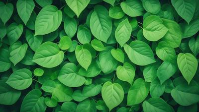 The primary subject of the image is a large group of green leaves, which are the main objects in the scene. The leaves are arranged in a dense, leafy pattern, creating a lush and vibrant visual style. The setting is a green background, which further emphasizes the natural and fresh appearance of the leaves. The overall atmosphere is one of growth, vitality, and abundance.