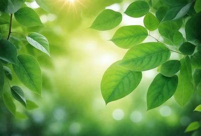 The primary subject of the image is a leafy green tree with bright sunlight shining through its leaves. The setting is a lush green forest, and the visual style is a photo of the tree in its natural environment. The colors and mood of the image are vibrant and serene, with the bright sunlight creating a warm and inviting atmosphere.