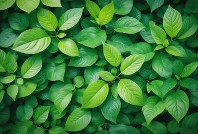 The image features a lush green forest with a dense, leafy background. The primary subject is a close-up of a leafy plant, showcasing its vibrant green color. The setting is a natural environment, with the forest providing a serene and peaceful atmosphere. The visual style is a realistic representation of the plant, capturing its intricate details and textures.