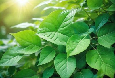 The primary subject of the image is a large green leaf, which is the main focus of the scene. The leaf is situated in a lush green environment, surrounded by other green leaves. The visual style of the image is a photo, capturing the natural beauty of the leaf and its surroundings. The colors in the image are predominantly green, creating a serene and peaceful atmosphere.