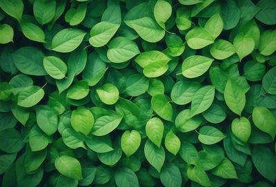 The primary subject of the image is a large group of green leaves, which are the main objects in the scene. The leaves are arranged in a dense, leafy pattern, creating a lush and vibrant visual style. The setting is a green background, which further emphasizes the natural and fresh appearance of the leaves. The overall atmosphere is one of growth, vitality, and abundance.
