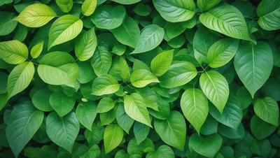 The image features a lush green plant with large leaves, creating a dense and vibrant forest-like setting. The primary subject is the plant, which is the main focus of the image. The setting is a natural environment, with the plant growing in a forest-like area. The visual style is a photo, capturing the beauty and detail of the plant. The colors and mood are predominantly green, with a sense of freshness and vitality.