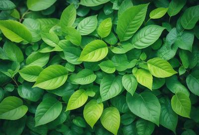 The image features a lush green plant with large leaves, creating a dense and vibrant forest-like setting. The primary subject is the plant, which is the main focus of the image. The setting is a natural environment, with the plant being the main object in the scene. The visual style is a close-up of the plant, showcasing its intricate details. The colors and mood of the image are predominantly green, conveying a sense of freshness and vitality.