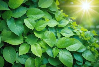 The primary subject of the image is a large green plant with many leaves. The plant is growing in a sunny environment, and its leaves are vibrant and lush. The visual style of the image is a photo, capturing the natural beauty of the plant. The colors and mood of the image are predominantly green, with a sense of freshness and vitality.