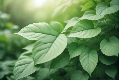 The primary subject of the image is a leaf, which is the main object, scene, or focus of the image. The leaf is green and is surrounded by a lush green environment, indicating a healthy and thriving plant. The visual style of the image is a photo, capturing the leaf in its natural setting. The colors and mood of the image are predominantly green, creating a serene and calming atmosphere.
