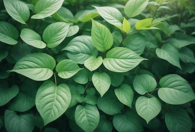The primary subject of the image is a large group of green leaves, which are the main objects in the scene. The leaves are arranged in a dense, leafy pattern, creating a lush and vibrant atmosphere. The setting is a forest, with the leaves growing on trees and bushes. The visual style of the image is a close-up of the leaves, showcasing their intricate details and textures. The colors in the image are predominantly green, which adds to the natural and serene mood of the