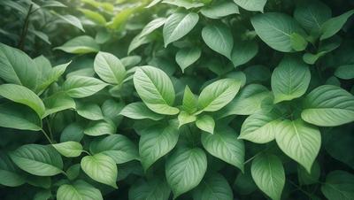 The primary subject of the image is a large green plant with many leaves. The plant is surrounded by a lush green environment, which adds to the overall atmosphere of the scene. The visual style of the image is a close-up of the plant, showcasing its intricate details. The colors in the image are predominantly green, which creates a serene and natural mood.