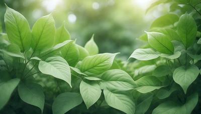 The image features a lush green forest with a variety of green leaves and plants. The primary subject is a close-up of a leafy plant, showcasing its vibrant green color. The setting is a forest environment, with the background filled with more greenery. The visual style is a realistic, natural scene, likely captured through photography. The colors and mood of the image are predominantly green, creating a serene and peaceful atmosphere.