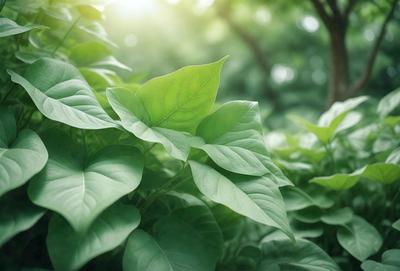 The primary subject of the image is a leafy green plant with large leaves, which is the main focus of the image. The plant is surrounded by a lush green forest, creating a serene and natural setting. The visual style of the image is a photo, capturing the beauty of the plant in its natural environment. The colors and mood of the image are predominantly green, with the leaves being the most prominent feature, creating a sense of tranquility and harmony with nature.