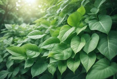 The primary subject of the image is a large green plant with many leaves. The plant is surrounded by a lush green forest, creating a serene and natural atmosphere. The visual style of the image is a photo, capturing the beauty of the plant and its environment. The dominant colors in the image are green, which is prevalent in the plant and the forest, and the overall mood is one of tranquility and harmony with nature.