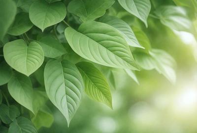The primary subject of the image is a close-up of a leaf, which is the main object in the scene. The leaf is green and appears to be a part of a tree. The setting is a natural environment, with the leaf being the focal point. The visual style is a close-up, which emphasizes the details of the leaf. The colors are predominantly green, creating a calm and serene atmosphere.