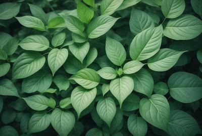 The primary subject of the image is a large green leafy plant with many leaves. The plant is surrounded by a lush green environment, which adds to the overall atmosphere of the image. The visual style of the image is a close-up of the plant, showcasing its intricate details. The colors in the image are predominantly green, which creates a calm and serene mood.