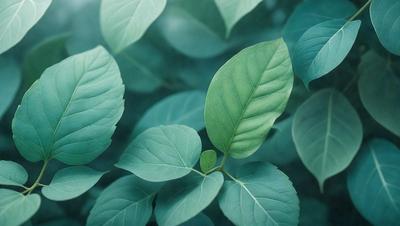 The primary subject of the image is a leafy green plant with a large green leaf. The plant is surrounded by a lush green forest, creating a serene and natural atmosphere. The visual style of the image is a close-up of the plant, showcasing its intricate details. The colors and mood of the image are predominantly green, reflecting the natural environment and the plant's vibrant life.