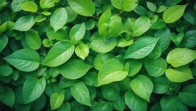 The image features a lush green forest filled with green leaves. The leaves are large and abundant, covering the entire scene. The forest appears to be a dense, thriving environment, with the leaves providing a sense of tranquility and natural beauty. The visual style of the image is a close-up of the leaves, showcasing their intricate details and textures. The colors and mood of the image are predominantly green, creating a serene and peaceful atmosphere.