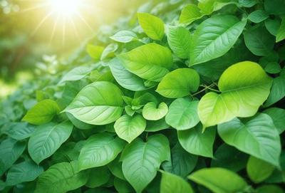The primary subject of the image is a large green plant with many leaves. The plant is growing in a sunny environment, surrounded by a lush green forest. The visual style of the image is a photo, capturing the natural beauty of the plant and its surroundings. The dominant colors in the image are green, which is prevalent in the plant and the forest, and the sunlight, which creates a warm and inviting atmosphere.