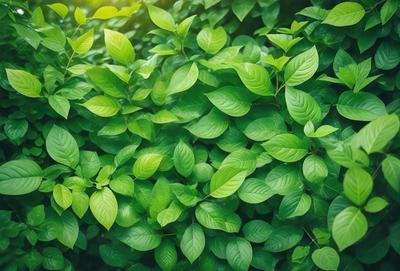 The image features a lush green forest with a dense, leafy plant. The primary subject is the green leaves, which are the main focus of the image. The setting is a forest environment, with the leaves covering the trees and creating a dense, leafy canopy. The visual style is a photo, capturing the natural beauty of the forest. The colors and mood are predominantly green, creating a serene and peaceful atmosphere.