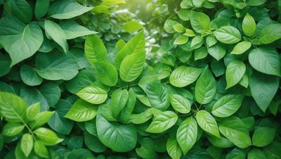 The primary subject of the image is a dense forest filled with green leaves and plants. The setting is a lush, green environment, with the plants and leaves covering the entire frame. The visual style is a close-up of the plants, showcasing their intricate details. The colors and mood of the image are predominantly green, creating a serene and natural atmosphere.