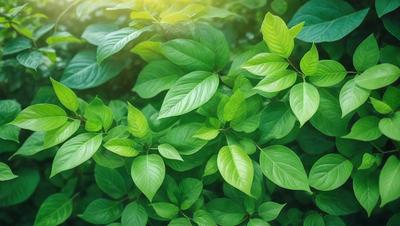 The primary subject of the image is a close-up of a leafy green plant with bright green leaves. The plant is surrounded by a lush green forest, creating a serene and natural atmosphere. The visual style of the image is a photo, capturing the intricate details of the plant and its environment. The colors and mood of the image are predominantly green, reflecting the natural setting and the plant's vibrant foliage.