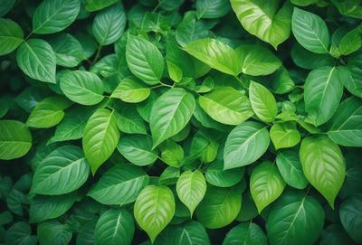 The image features a lush green forest filled with green leaves. The leaves are large and abundant, covering the entire scene. The forest appears to be a dense, thriving environment, with the leaves providing a sense of freshness and vitality. The visual style of the image is a close-up of the leaves, showcasing their intricate details and textures. The colors and mood of the image are predominantly green, creating a serene and peaceful atmosphere.