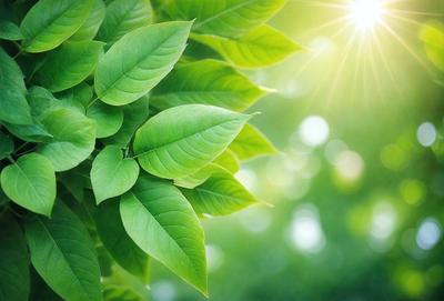 The primary subject of the image is a leafy green plant with large leaves. The plant is situated in a bright, sunny environment, which creates a warm and inviting atmosphere. The visual style of the image is a photo, capturing the natural beauty of the plant in its surroundings. The colors and mood of the image are predominantly green, with the bright sunlight adding a touch of warmth and energy to the scene.