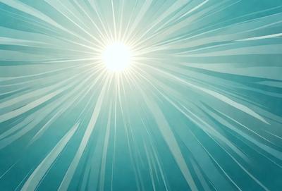 The primary subject of the image is a bright sun, which is the main focus of the scene. The sun is shining through a blue sky, creating a vibrant and lively atmosphere. The setting is a clear day with no clouds, and the visual style is a combination of a photo and digital art. The colors are predominantly blue and white, with the sun being the brightest and most prominent element in the scene.