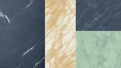 The image features a variety of marble patterns in different colors, including yellow, green, and blue. The marble patterns are displayed on a blue background, creating a visually appealing contrast. The primary subject of the image is the marble patterns, showcasing their unique designs and colors. The visual style of the image is a combination of photo and digital art, as it captures the intricate details of the marble patterns. The colors and mood of the image are vibrant and lively, with the blue background