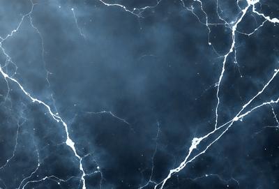 The primary subject of the image is a large, dark blue marble wall. The setting is a room with a blue sky visible in the background. The visual style is a close-up of the marble wall, showcasing its texture and details. The colors and mood of the image are predominantly dark and moody, with the blue marble wall serving as the focal point.