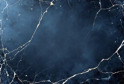 The primary subject of the image is a blue marble surface with a pattern of gold streaks. The setting is a dark room, and the visual style appears to be a combination of a photo and digital art. The dominant colors are blue and gold, creating a mood of elegance and sophistication.