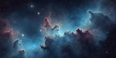 The primary subject of the image is a large, dark, and cloudy space filled with stars. The setting is a night sky, and the visual style is a photo of the galaxy. The colors and mood of the image are dark and mysterious, with the stars and clouds creating a sense of depth and vastness.