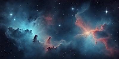The primary subject of the image is a beautiful and colorful nebula, which is the main object, scene, or focus of the image. The setting or background of the image is a dark, star-filled sky, which provides a contrasting and dramatic backdrop for the nebula. The visual style of the image is a combination of photo and digital art, creating a stunning and detailed representation of the celestial object. The colors and mood of the image are predominantly dark and moody, with the