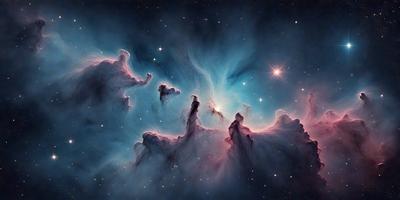 The primary subject of the image is a nebula, which is a cloud of gas and dust in space. The setting is a dark, starry sky, with the nebula being the main focus of the image. The visual style is a combination of a photo and digital art, creating a unique and captivating representation of the nebula. The colors and mood of the image are predominantly dark and dramatic, with the nebula standing out against the backdrop of the night sky.