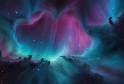 The primary subject of the image is a vibrant, colorful nebula. The setting is a dark, starry sky, with the nebula being the main focus of the image. The visual style is a combination of a photo and digital art, creating a unique and captivating representation of the celestial object. The dominant colors are purple, blue, and green, giving the image a serene and otherworldly atmosphere.