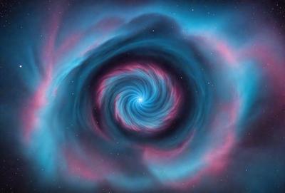 The primary subject of the image is a spiral-shaped object, possibly a galaxy or a nebula, with a blue and pink color scheme. The setting is a dark, starry background, which adds to the overall atmosphere of the image. The visual style appears to be a combination of photo and digital art, creating a unique and captivating representation of the spiral.
