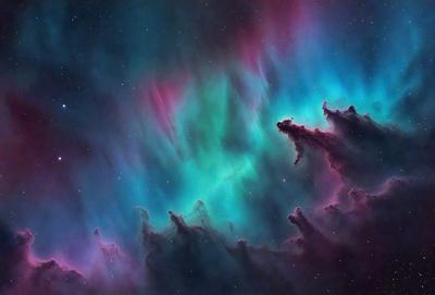 The primary subject of the image is a vibrant, colorful nebula in space. The setting is a dark, starry sky, with the nebula standing out as the main focus. The visual style is a combination of a photo and digital art, creating a unique and captivating representation of the celestial scene. The dominant colors are purple, blue, and green, giving the image a serene and dreamy atmosphere.