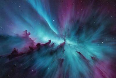 The primary subject of the image is a vibrant, colorful nebula with a purple hue. The setting is a space filled with stars, creating a backdrop for the nebula. The visual style is a combination of a photo and digital art, as the image captures the beauty of the nebula while also showcasing the artist's creativity. The colors and mood of the image are lively and captivating, with the purple hue adding a sense of depth and intrigue