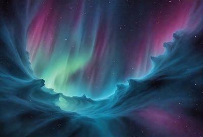 The primary subject of the image is a vibrant and colorful nebula, which is the main object, scene, or focus of the image. The setting or background features a dark, starry sky, creating a contrasting and dramatic backdrop. The visual style of the image is a combination of photo and digital art, as it captures the beauty of the nebula in a unique and artistic manner. The dominant colors in the image are purple, blue, and green, which contribute to the overall atmosphere of