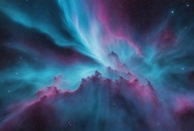 The primary subject of the image is a vibrant, colorful nebula with a purple hue. The setting is a dark, starry sky, which serves as the background for the nebula. The visual style of the image is a combination of photo and digital art, creating a striking and captivating scene. The dominant colors and overall atmosphere of the image are a mix of purple, blue, and pink, giving the impression of a celestial wonder.