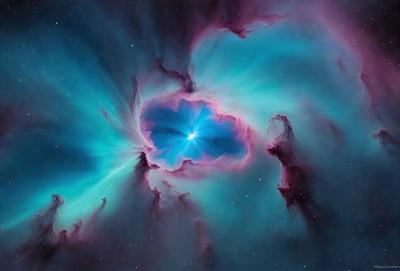 The primary subject of the image is a nebula, which is a cloud of gas and dust in space. The setting is a dark, starry sky, and the visual style is a combination of a photo and digital art. The dominant colors are blue, purple, and pink, creating a serene and celestial atmosphere.