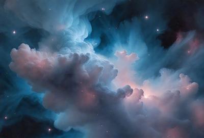 The primary subject of the image is a cloudy, blue, and pink nebula, which is the main object, scene, or focus of the image. The setting or background features a dark, starry sky, creating a contrasting and dramatic backdrop. The visual style of the image is a combination of photo and digital art, as it captures the beauty of the nebula in a unique and artistic manner. The dominant colors of the image are blue, pink, and white, giving it a serene