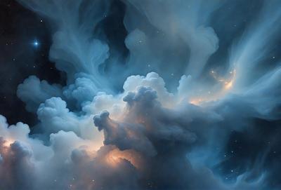 The primary subject of the image is a cloudy, blue-toned space with a nebula-like appearance. The setting is a dark, starry sky, and the visual style is a combination of a photo and digital art. The colors and mood of the image are predominantly dark and moody, with the blue hues creating a sense of depth and mystery.