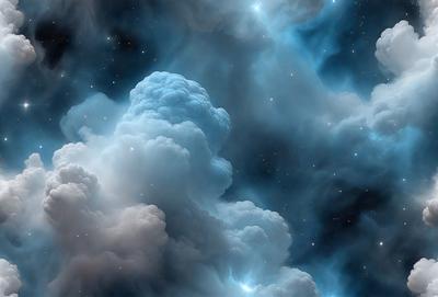 The primary subject of the image is a cloudy blue sky filled with clouds. The setting is a night sky, with the clouds creating a dramatic backdrop. The visual style is a digital art or illustration, as the clouds are depicted in a detailed and artistic manner. The colors and mood of the image are predominantly blue, creating a serene and peaceful atmosphere.