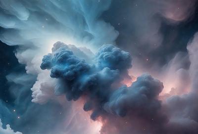 The primary subject of the image is a large, cloud-like structure in a dark, blue space. The setting appears to be a night sky, with the cloud-like structure dominating the scene. The visual style of the image is a combination of photo and digital art, creating a striking and unique visual effect. The dominant colors in the image are blue and black, giving the scene a moody and dramatic atmosphere.